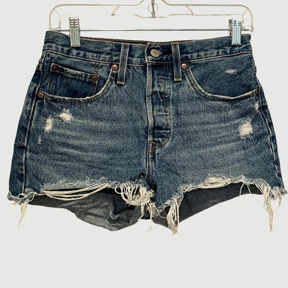 Levis Blue Distressed High-Waisted Denim With Raw Hem Women's Shorts Size 26 - Picture 1 of 8